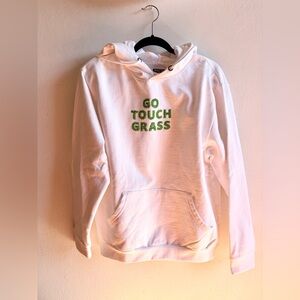BNWT White RETURN TO SENDER Hoodie with Green "GO TOUCH GRASS" puffy text SZ M